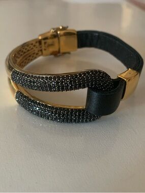 Milor Italy Bronze Black Leather Pavé Crystal Bracelet - UNWORN!